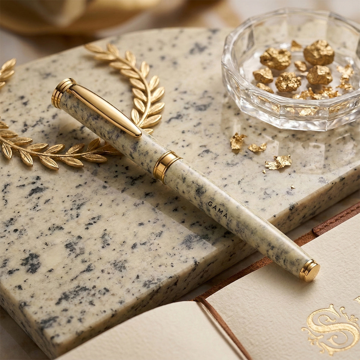 Gama White Marble Finish Fine Nib Converter Fountain Pen and Ballpoint Pen Set