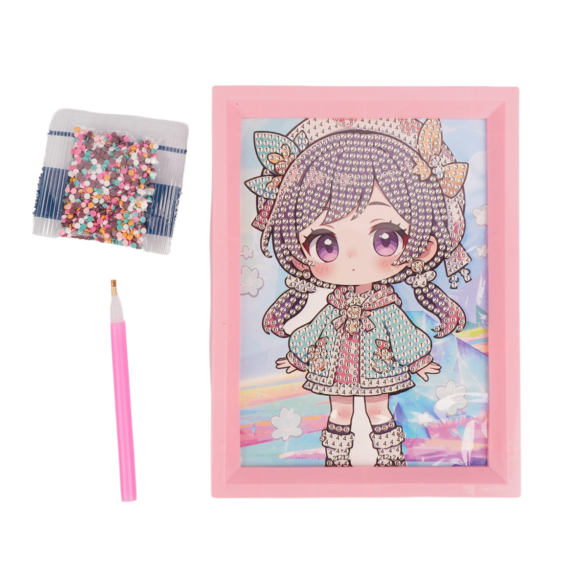 DIY 5D Diamond Painting Kit for Kids & Beginners | Cute Anime Girl Portrait with Pink Frame