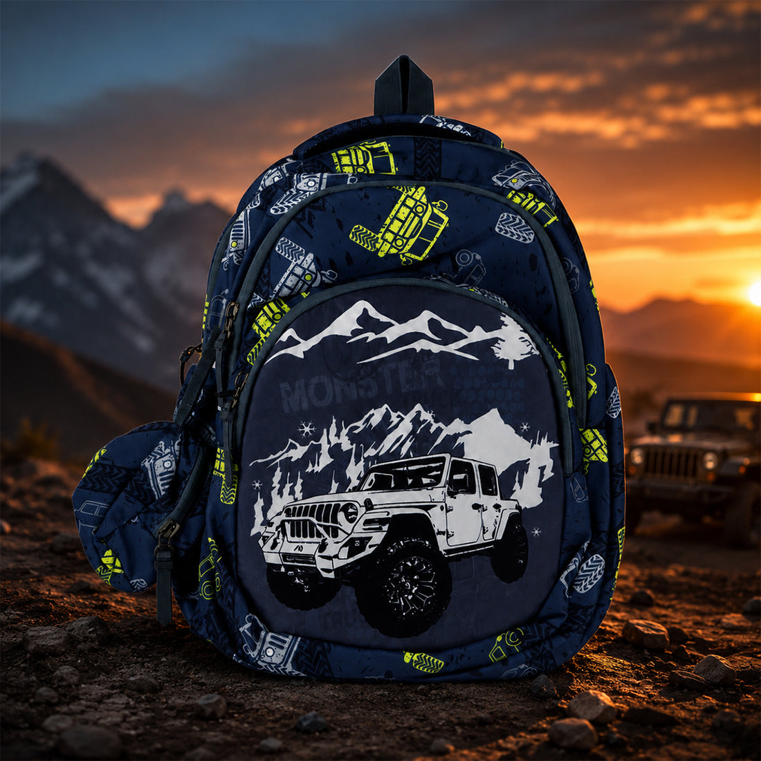 Grey & Lime Green School Backpack — Jeep Graphic