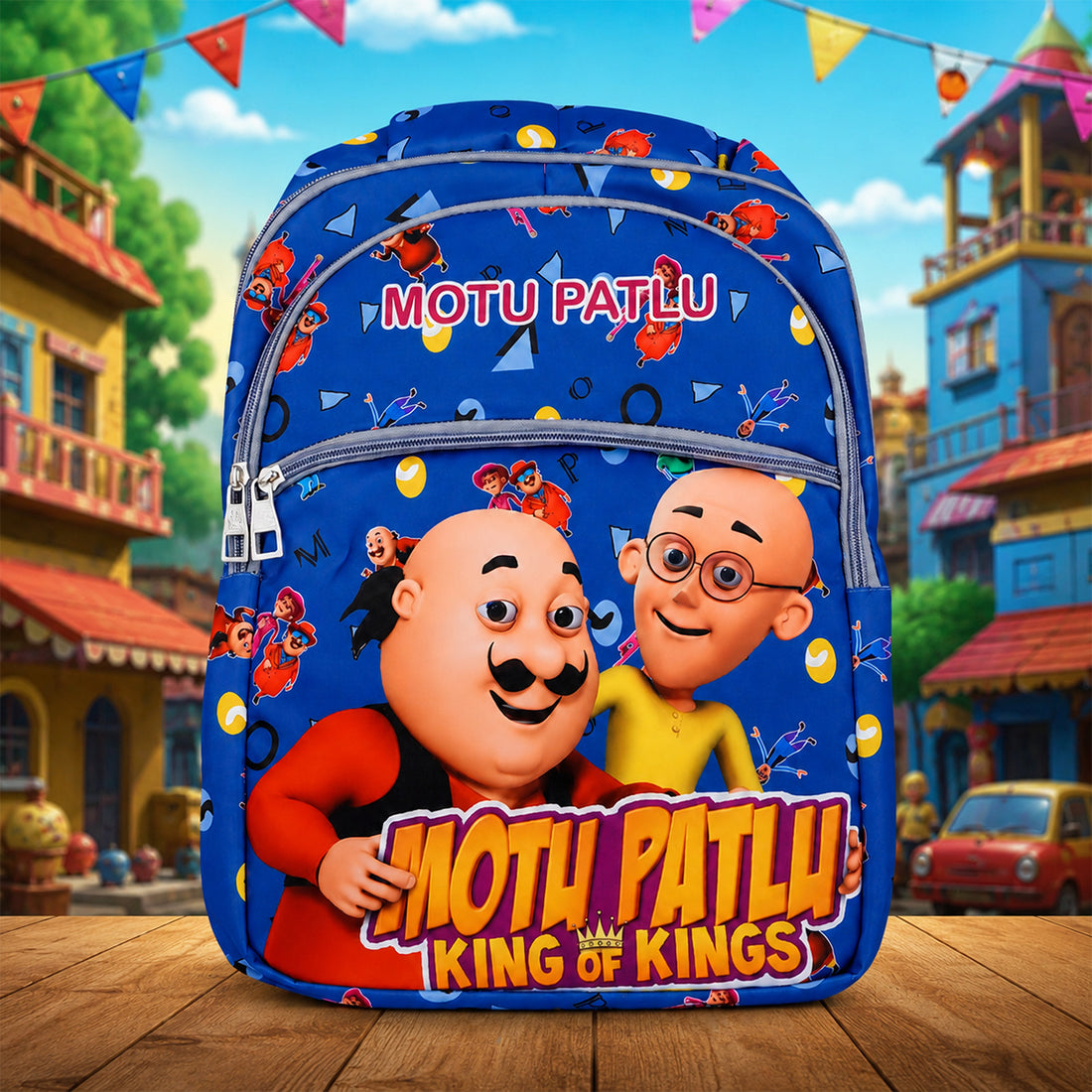 Motu Patlu Kids School Bag — Blue Cartoon Print