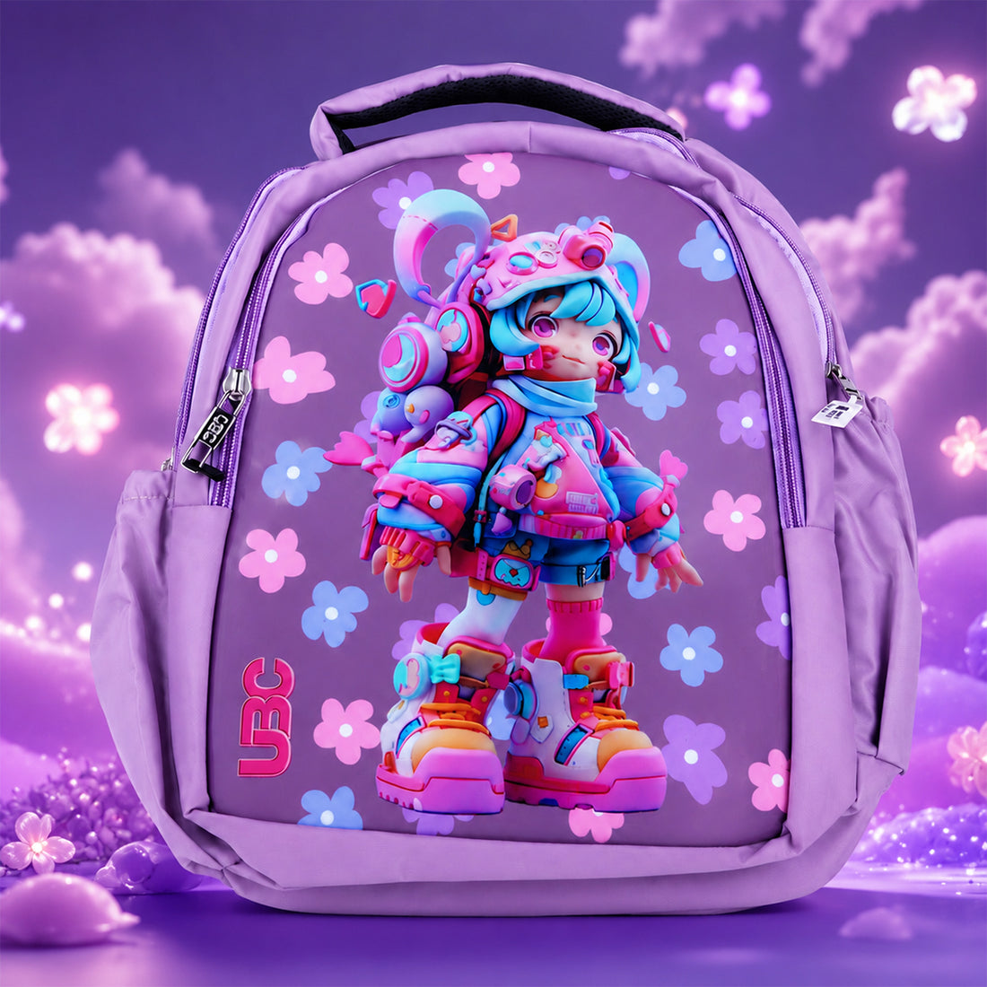 Lavender Cartoon Girl Kids School Bag — Pastel Girl Print