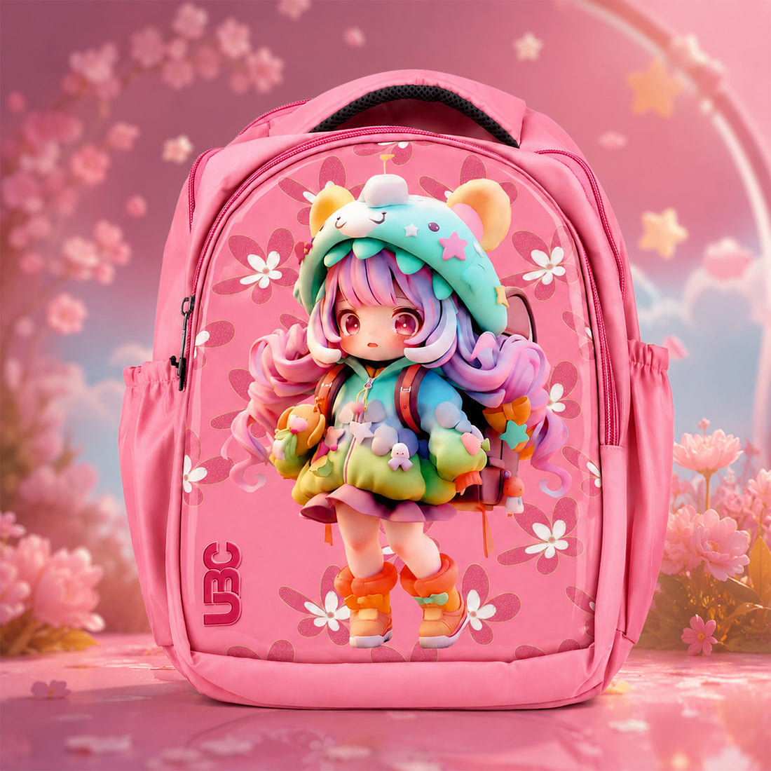 Pink Graphic-Printed Girls Backpack — Character Design