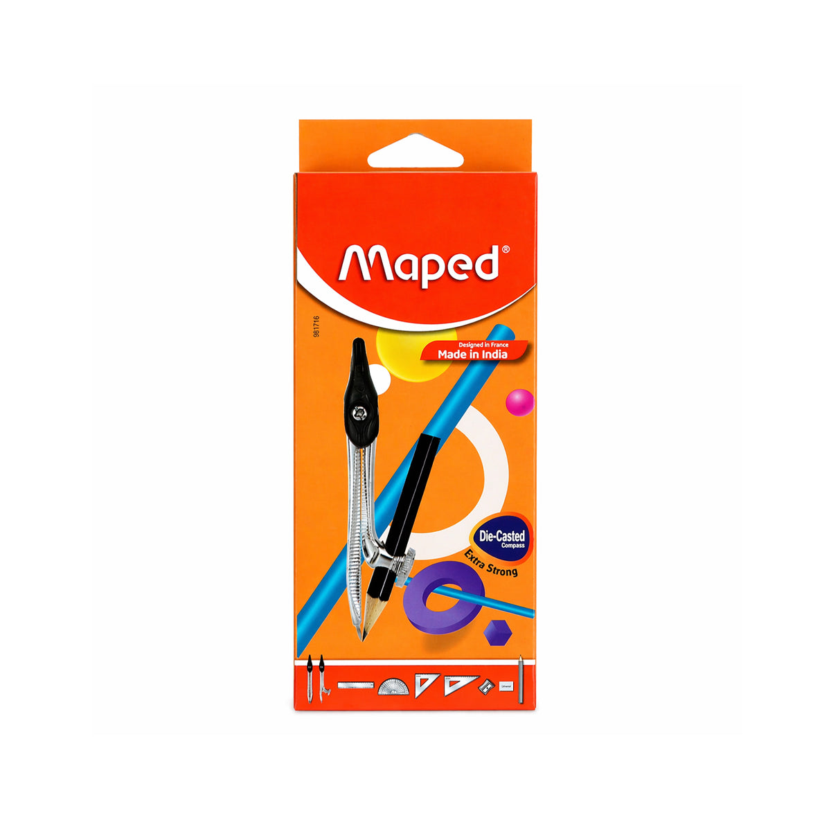 Maped Essential 9‑Piece Geometry Box with Metal Compass – Orange Metal School Math Set