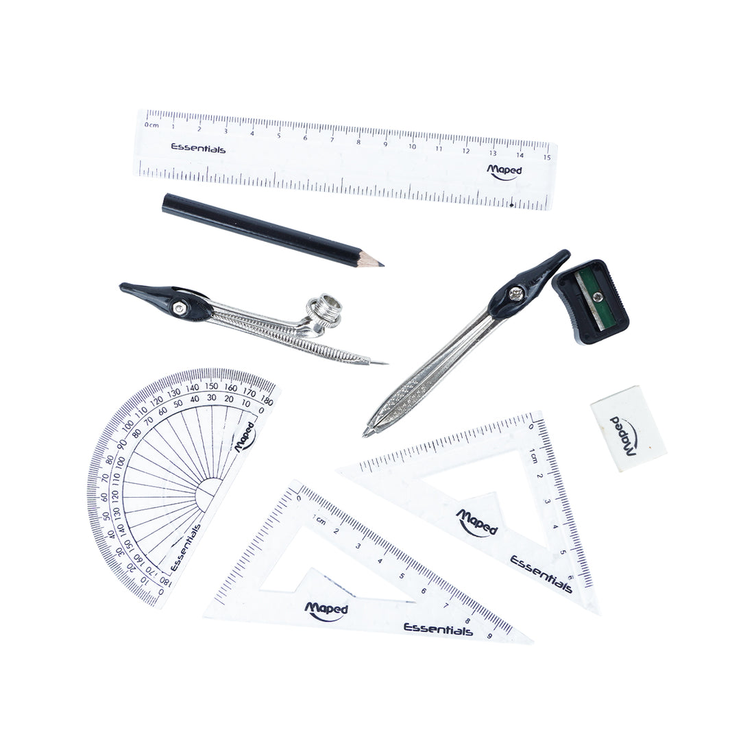 Maped Essential 9‑Piece Geometry Box with Metal Compass – Green Metal School Math Set