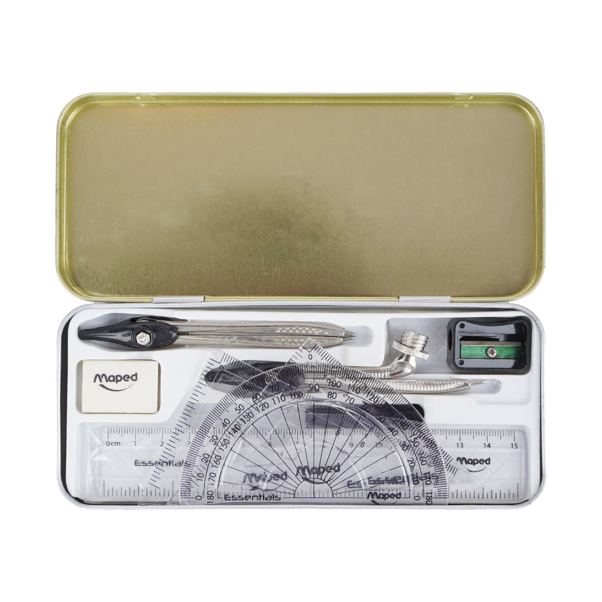 Maped Essential 9‑Piece Geometry Box with Metal Compass – Green Metal School Math Set