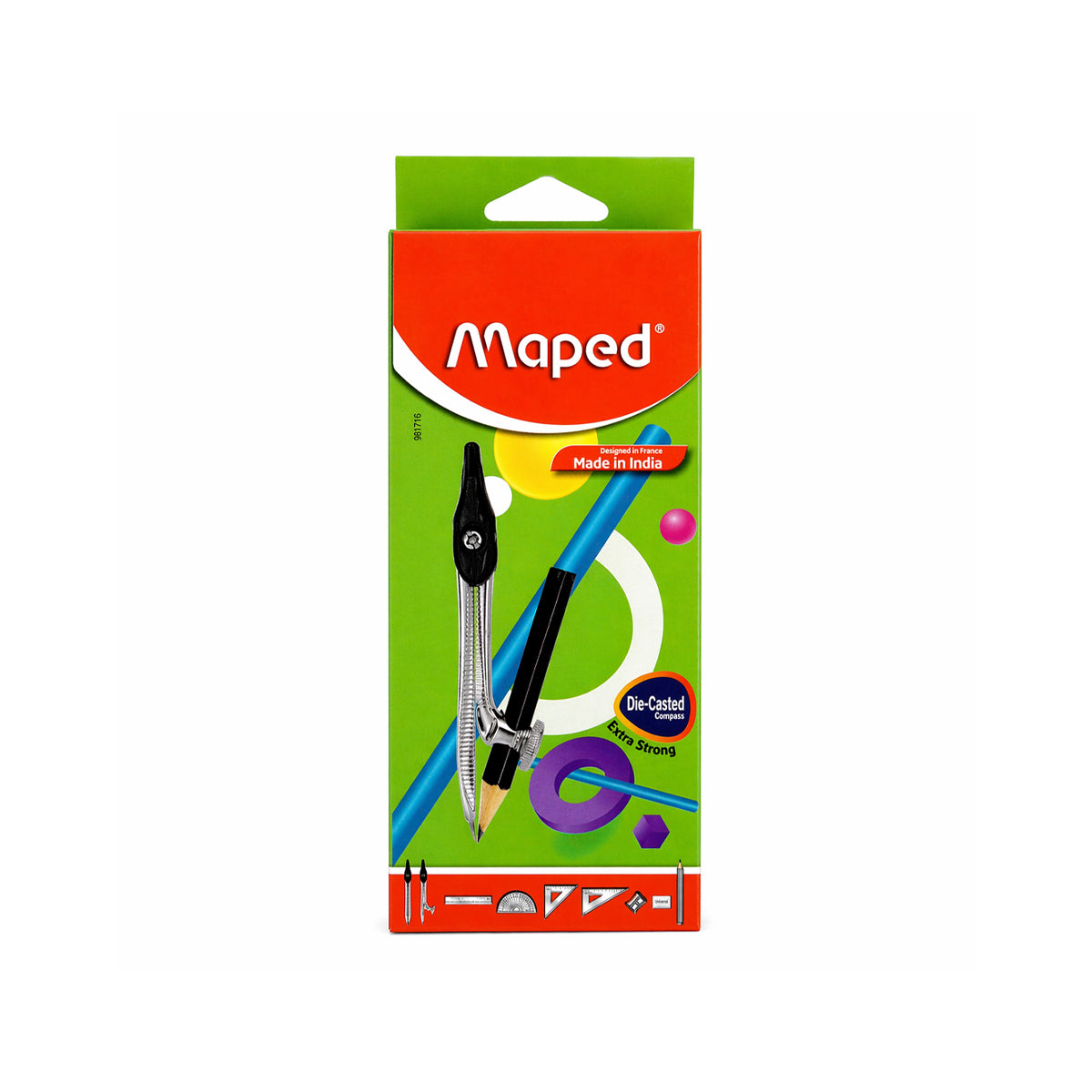 Maped Essential 9‑Piece Geometry Box with Metal Compass – Green Metal School Math Set