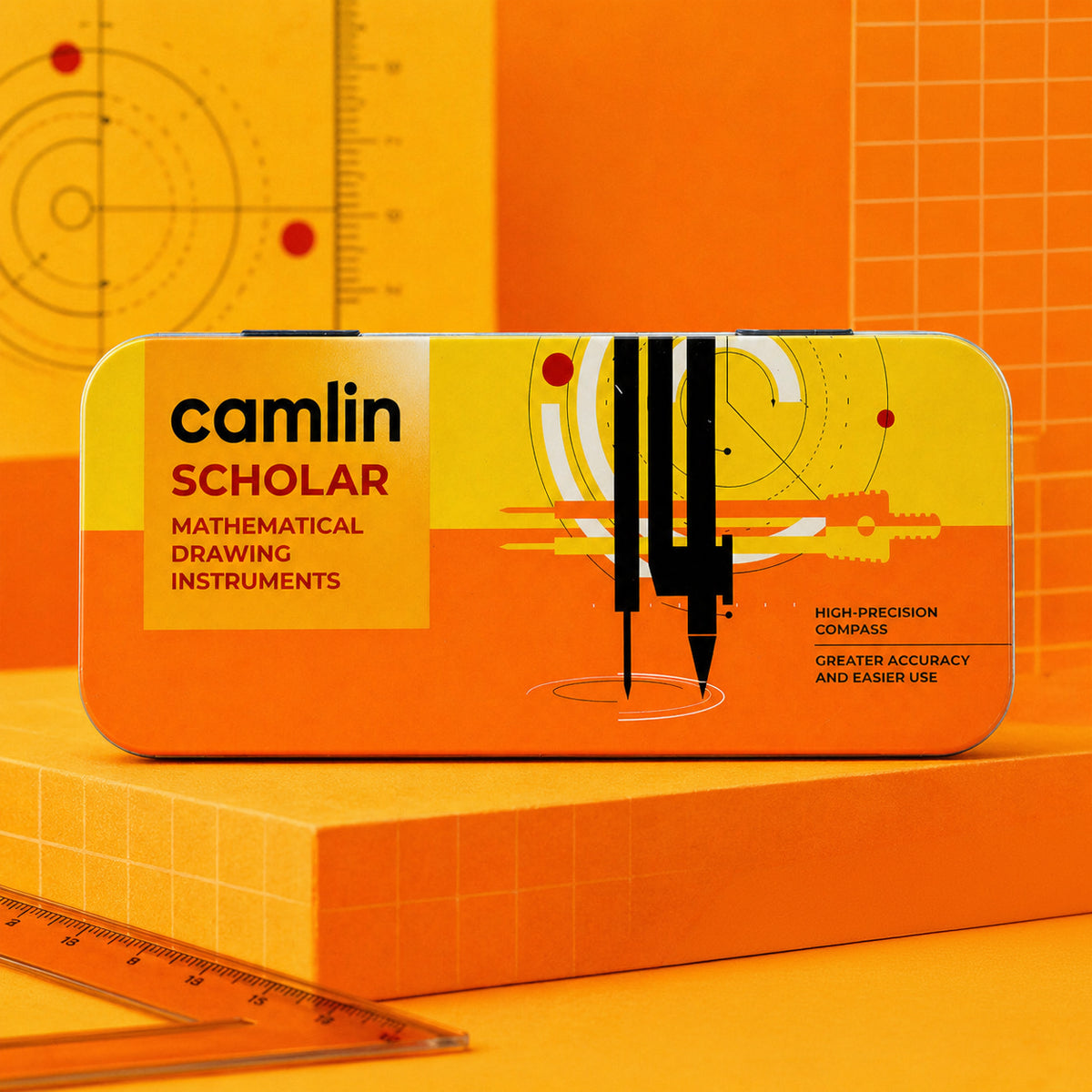 Camlin Scholar Orange & Yellow Mathematical Drawing Set – 9‑Piece Geometry Kit