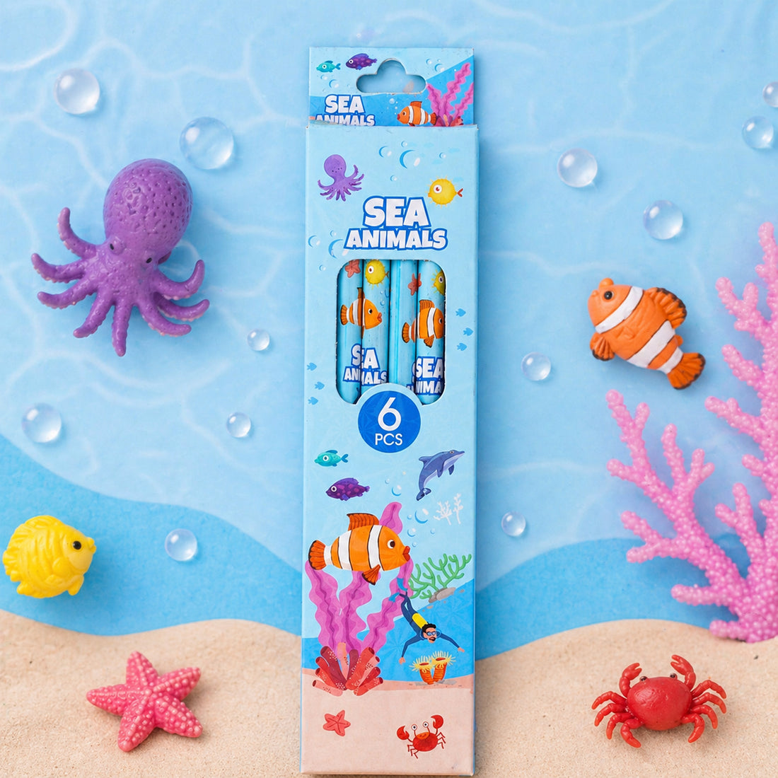 The Writershub Blue Sea Animals Themed Pencils Set of 6 pcs – HB Animal Pencils for Kids