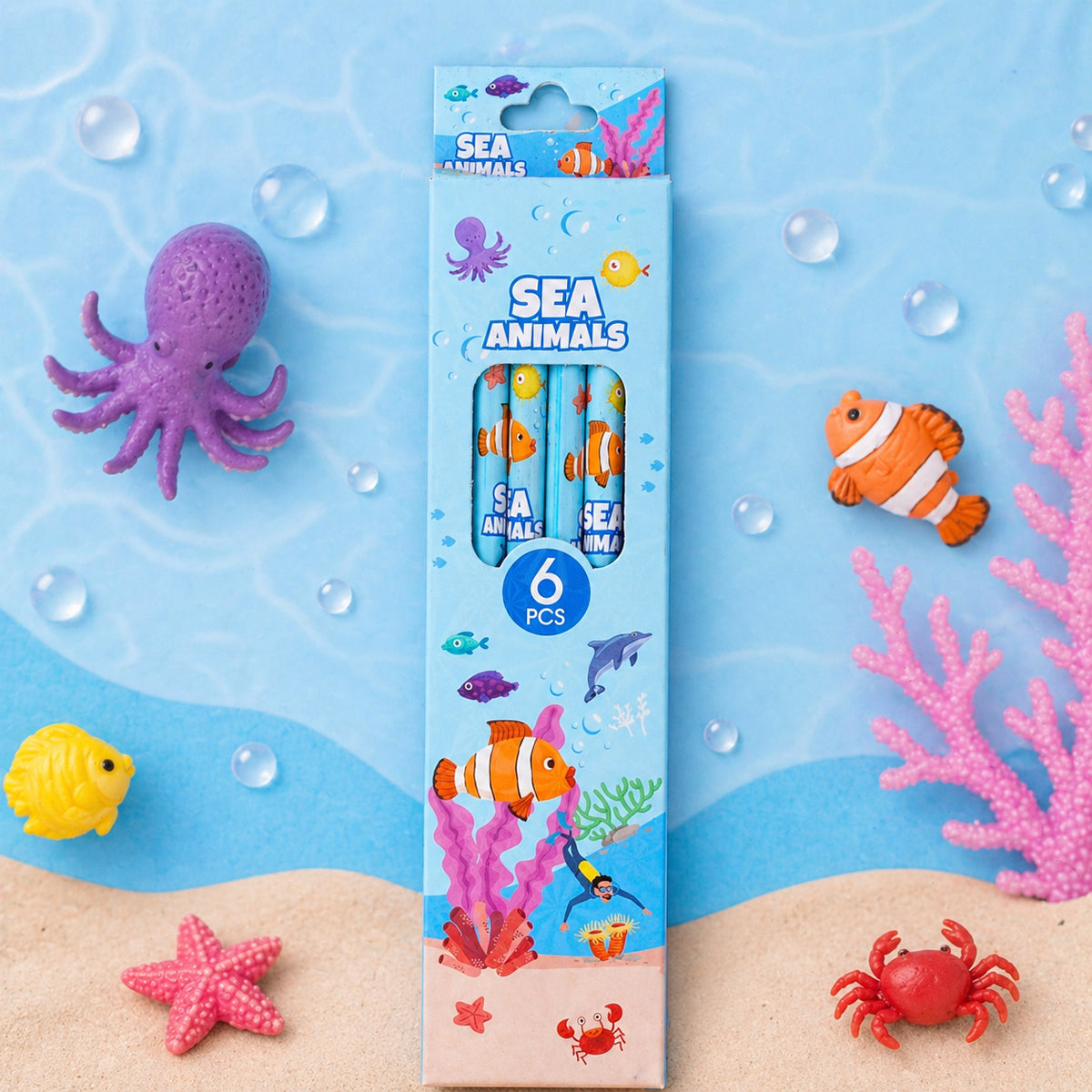 The Writershub Blue Sea Animals Themed Pencils Set of 6 pcs – HB Animal Pencils for Kids