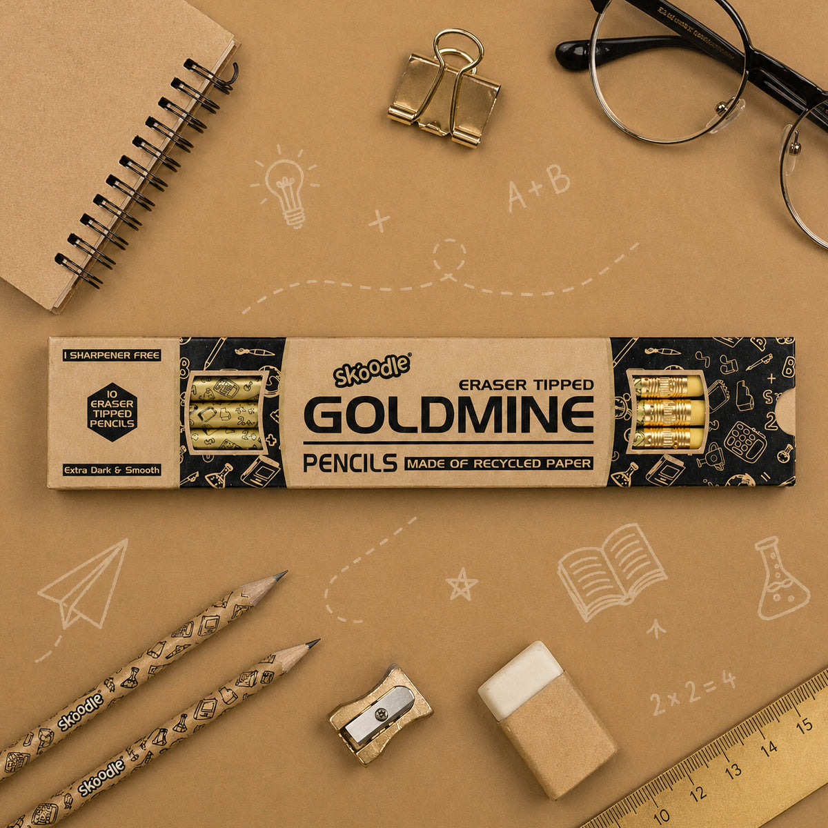 Skoodle Goldmine Eco‑Friendly Paper Pencils with Eraser – Set of 10 Pcs