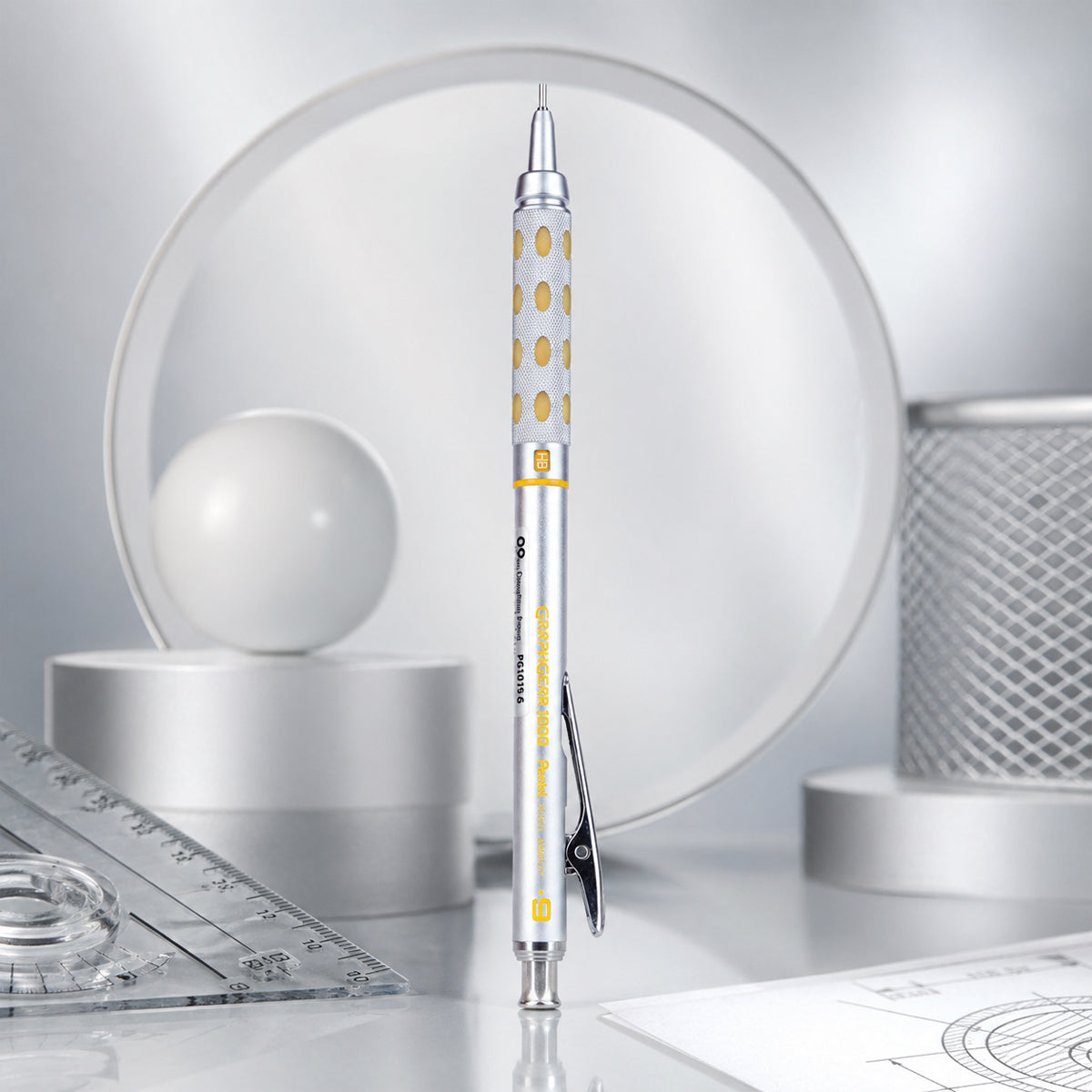 Pentel GraphGear 1000 Mechanical Drafting Pencil – 0.9mm, Silver & Yellow