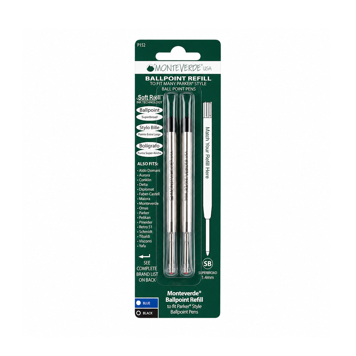 Monteverde® P15 Soft Roll™ Super Broad Ballpoint Refill — Pack of 2 (Black)