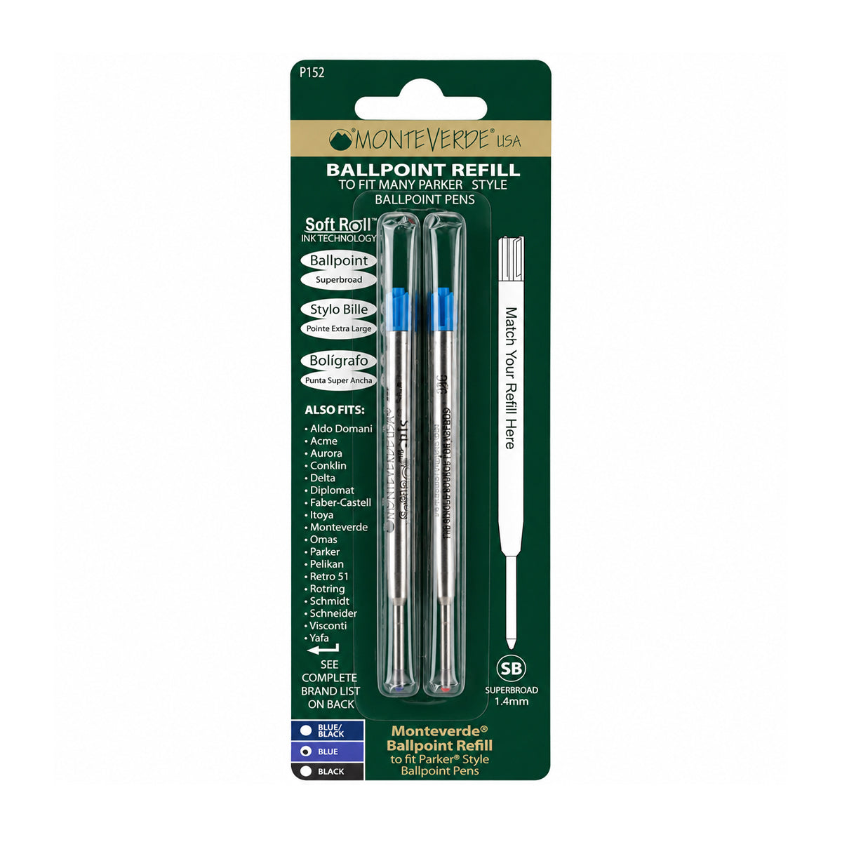 Monteverde® P15 Soft Roll™ Super Broad Ballpoint Refill — Pack of 2 (Blue)