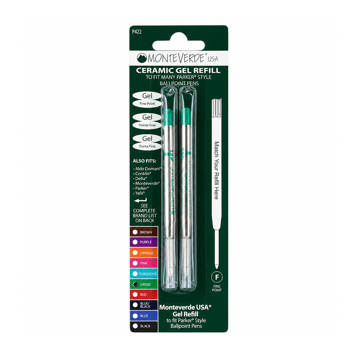 Monteverde P42 Ceramic Gel Ink Refill — Pack of 2 (Fine, Green)