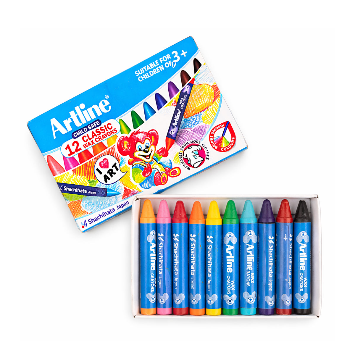 Artline Classic Wax Crayons – Pack of 12 (Multicolour), 57mm