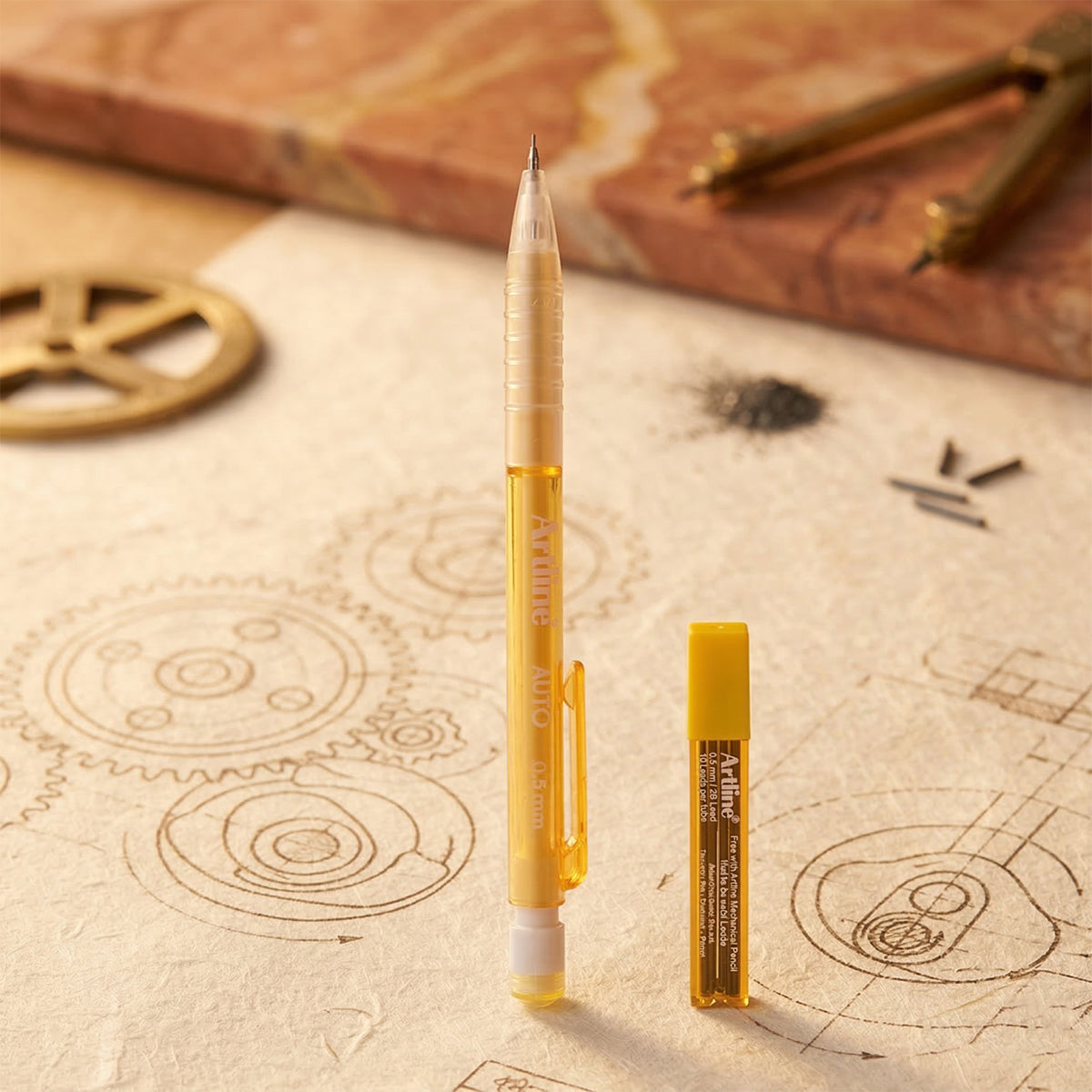 Artline Auto Mechanical Pencil 0.5mm – Pack of 2 (Yellow, 14.5 cm)
