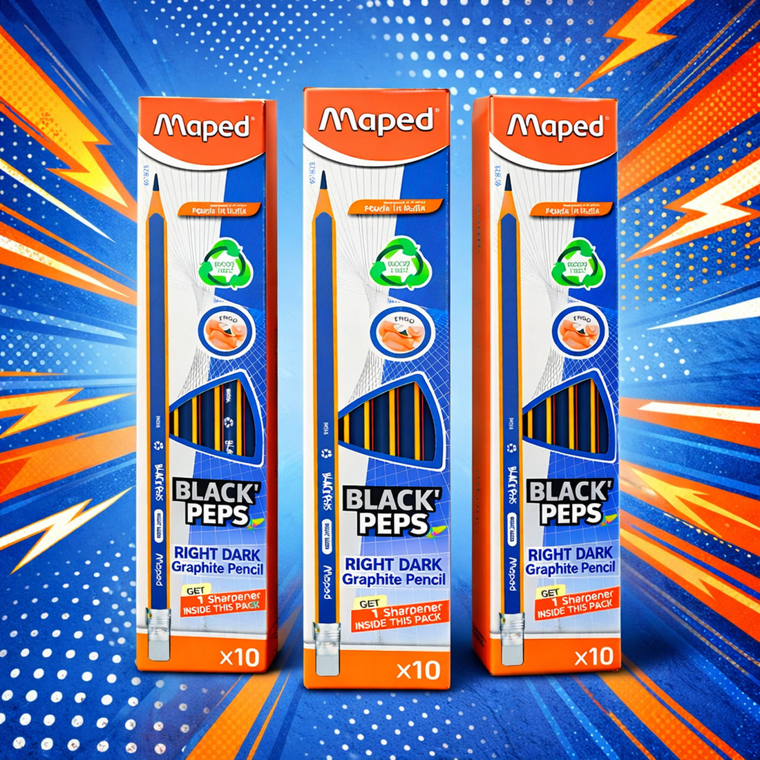 Maped Black'Peps Right Dark Graphite Pencils - Pack of 3 with Free Sharpener