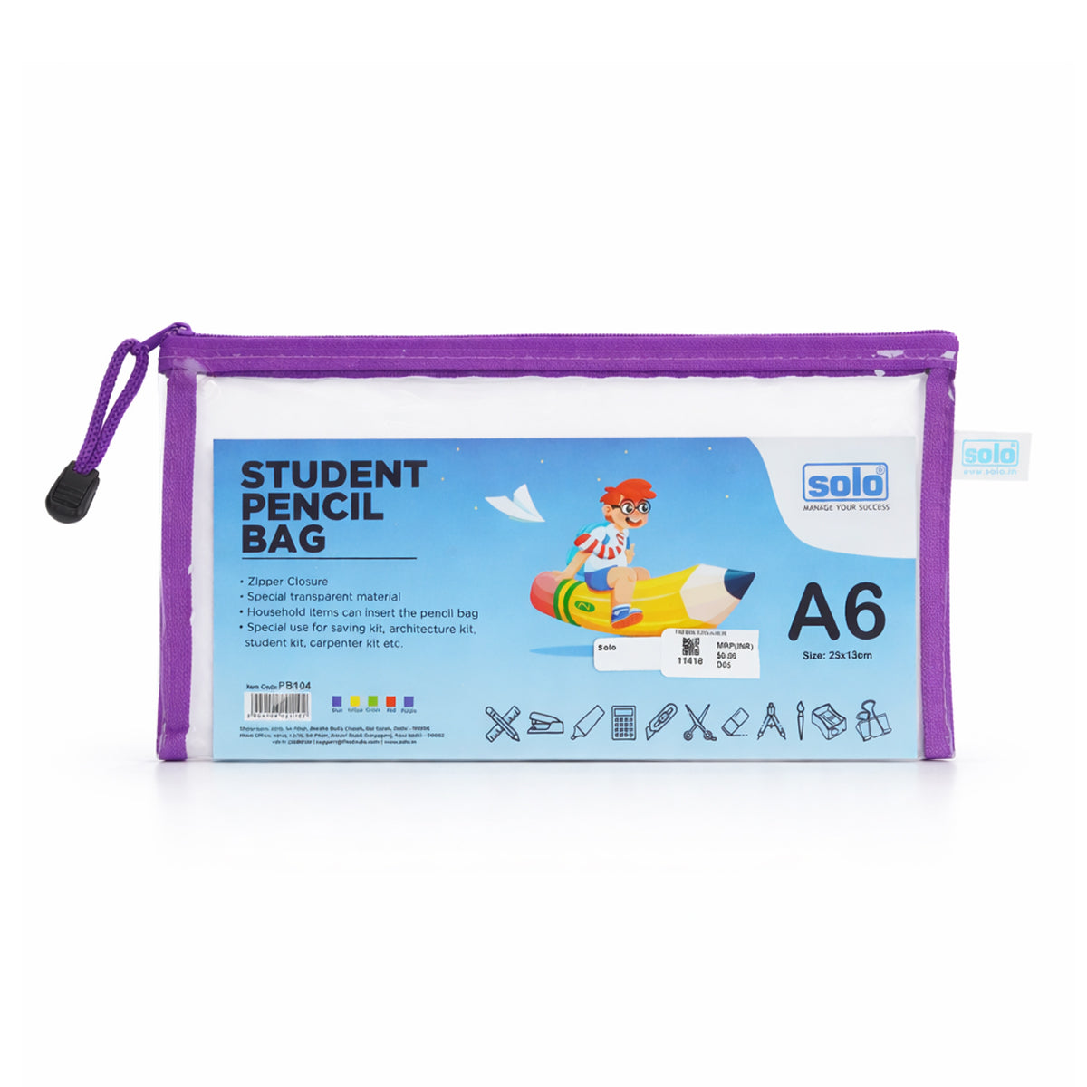 Solo PB104 A6 Purple Zipper Pouch – Transparent Storage Pouch