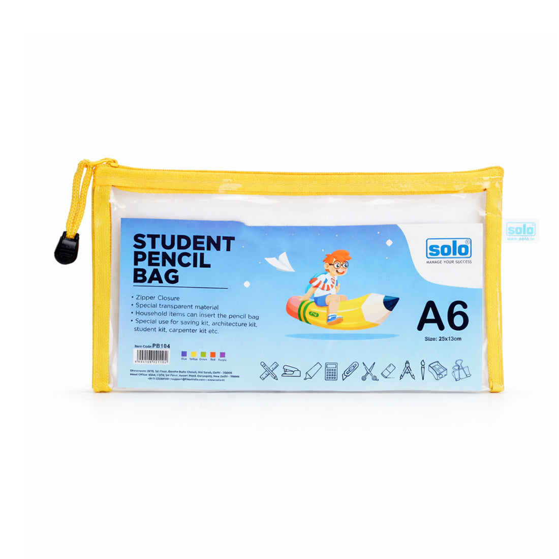 Solo PB104 A6 Yellow Zipper Pouch – Transparent Storage Pouch