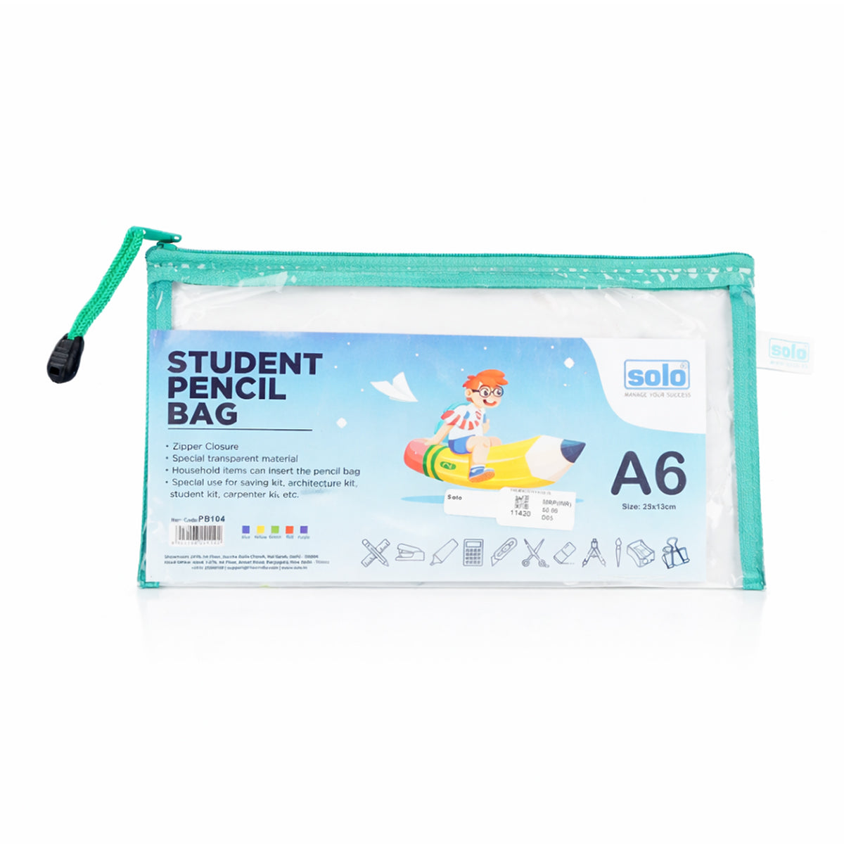 Solo PB104 A6 Green Zipper Pouch – Transparent Storage Pouch