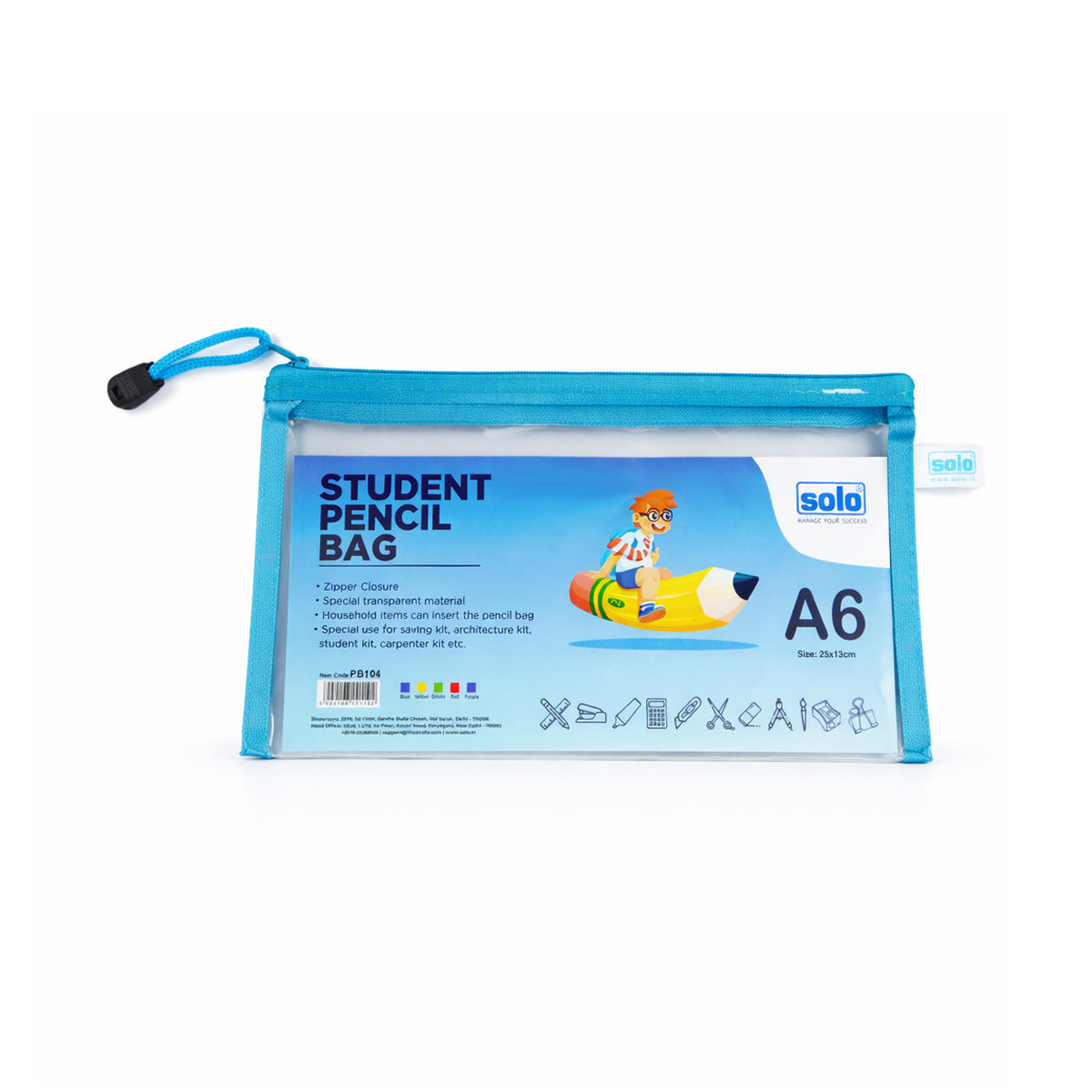 Solo PB104 A6 Blue Zipper Pouch – Transparent Multi‑Purpose Kit Organizer