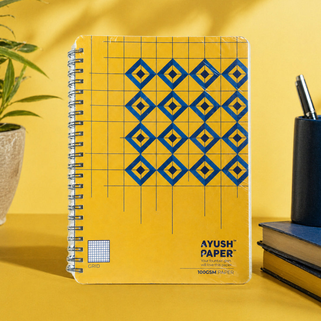 Ayush Paper Diamond Design A4 Wiro Grid Notebook – 100 GSM, Fountain Pen Friendly