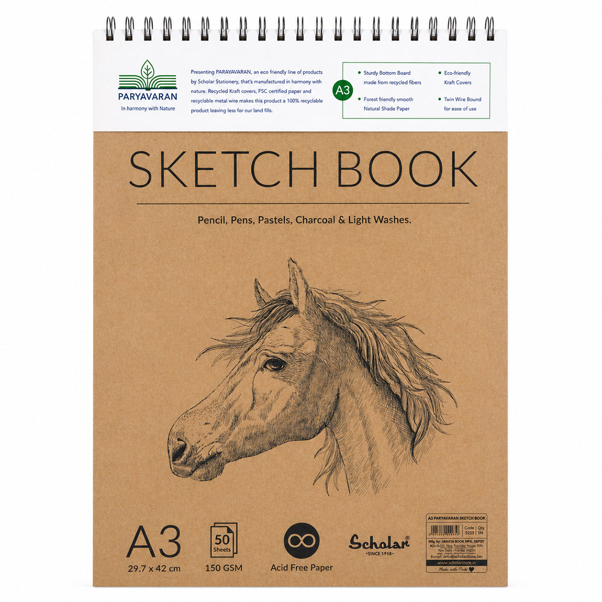 Scholar Horse Head Design A3 Paryavaran Sketchbook – 150 GSM, Eco-Friendly