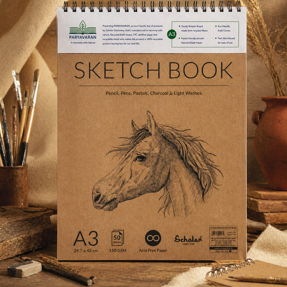 Scholar Horse Head Design A3 Paryavaran Sketchbook – 150 GSM, Eco-Friendly
