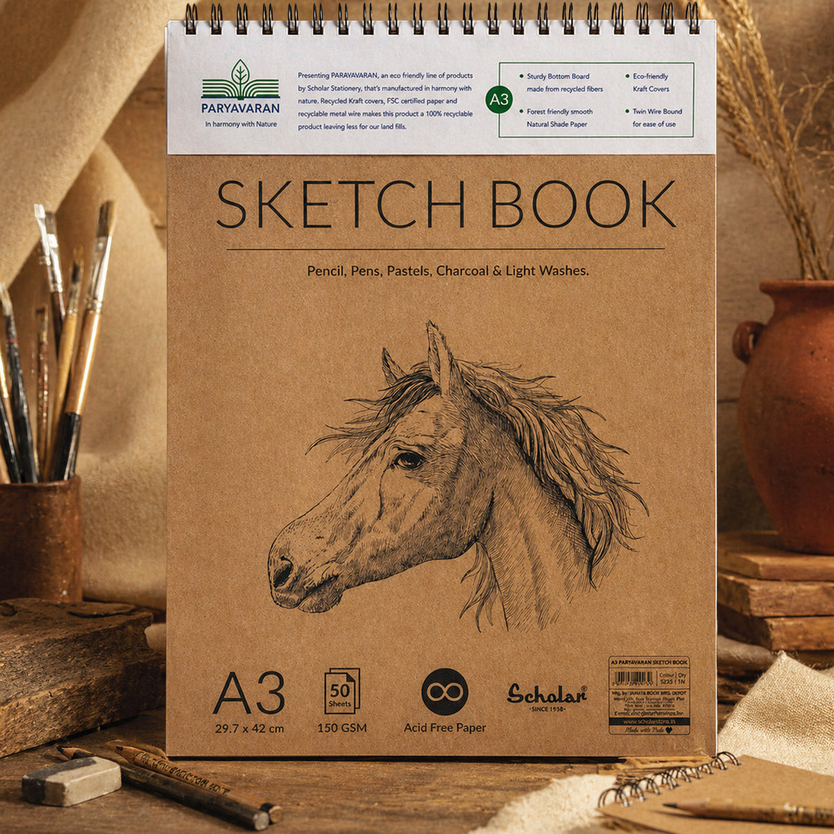 Scholar Horse Head Design A3 Paryavaran Sketchbook – 150 GSM, Eco-Friendly