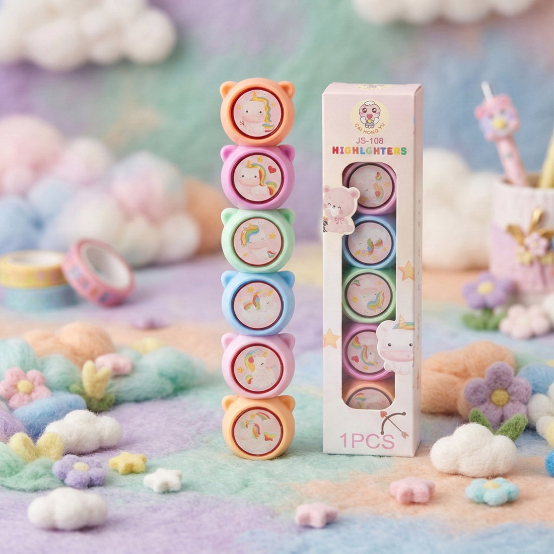 Arav Stackable Unicorn Highlighters - 6 Fluorescent Colors, Chisel Tip