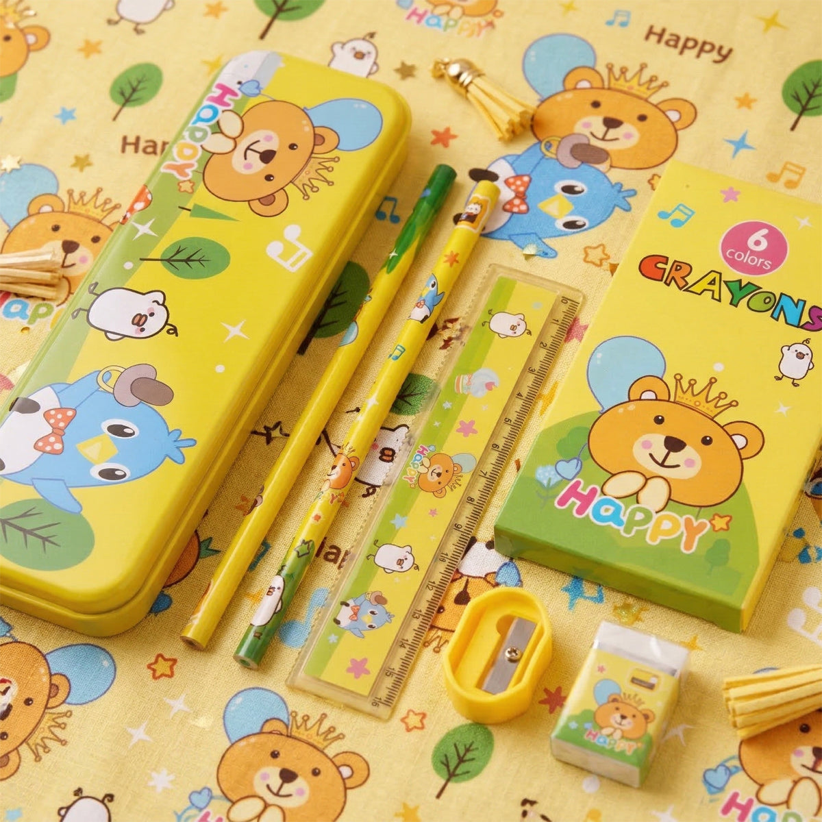 Arav Happy Kids Stationery Gift Set - Yellow & Green, Complete 6-Piece Kit