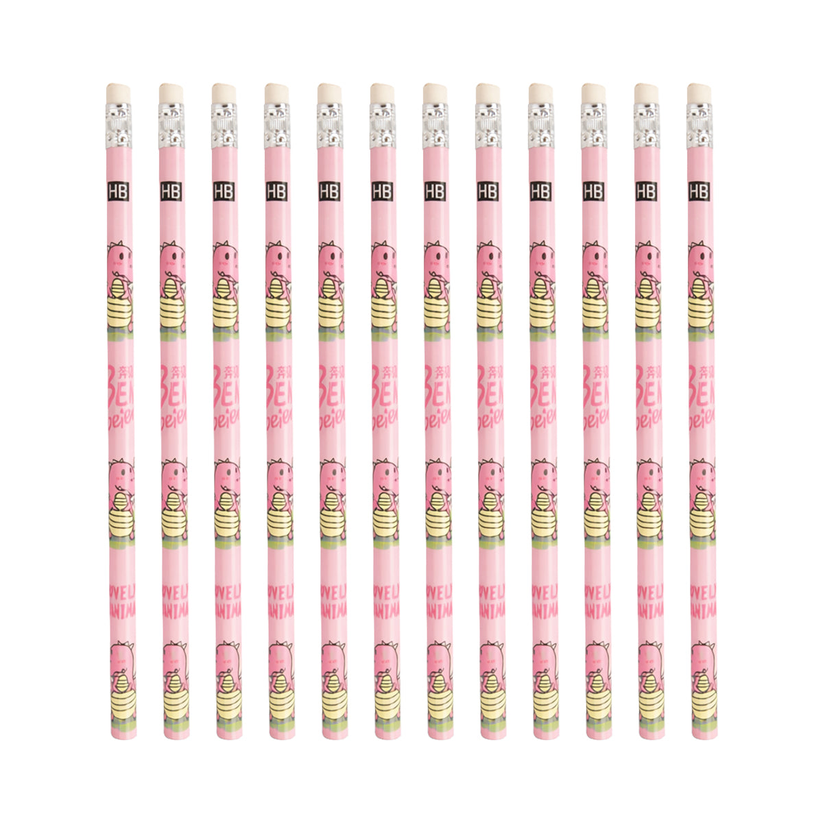 Arav Lovely Animals 12 HB Pencils - Pink Triangular with Eraser