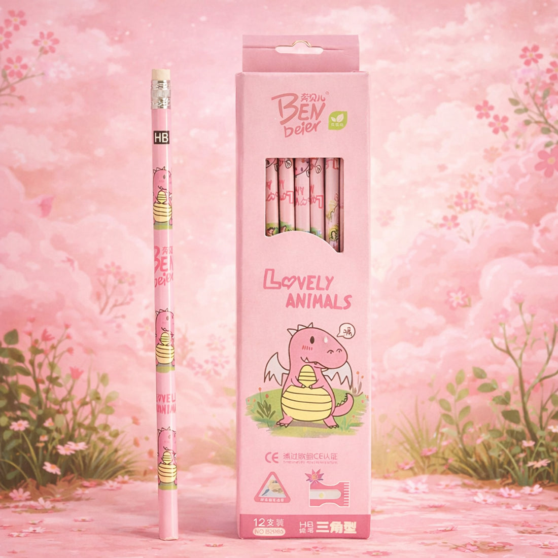 Arav Lovely Animals 12 HB Pencils - Pink Triangular with Eraser
