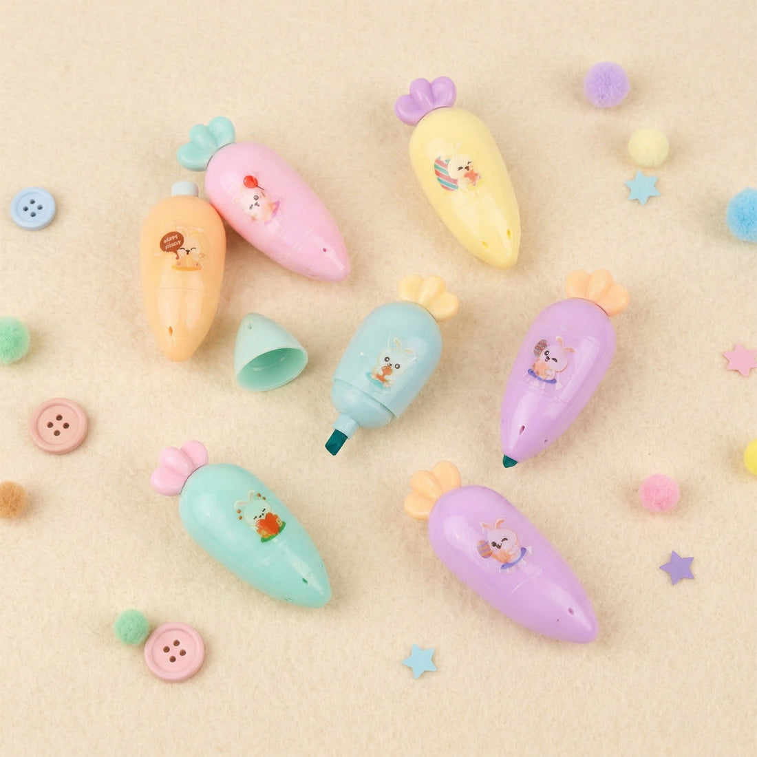 Arav Carrot-Shaped Highlighters - 6 Multicolour Set, Quick-Dry Chisel Tip