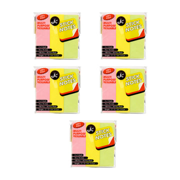 Arav JC Multi-Purpose Reusable Stick Notes - Neon 5 Pack, 3x3 Inch 50 Sheets Each
