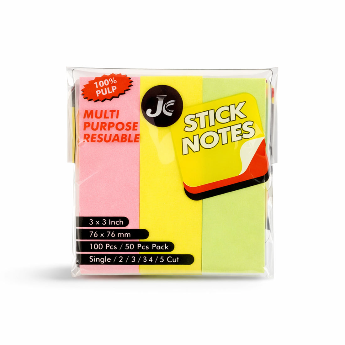Arav JC Multi-Purpose Reusable Stick Notes - Neon 5 Pack, 3x3 Inch 50 Sheets Each