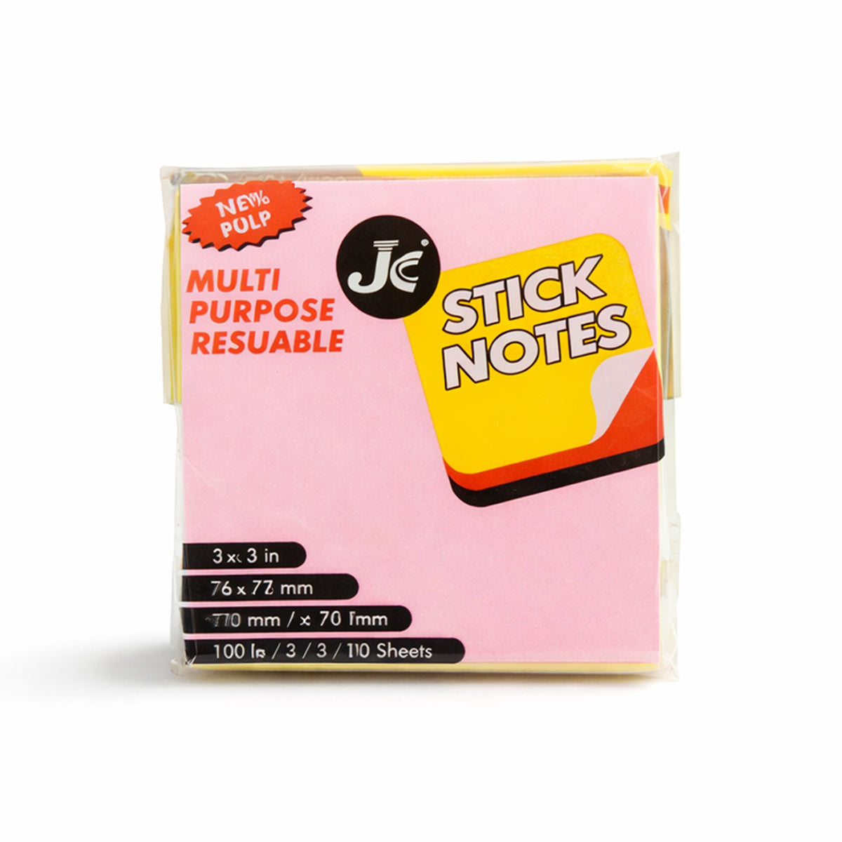 Arav JC Multi-Purpose Reusable Stick Notes - Neon 5 Pack, 3x3 Inch 100 Sheets Each