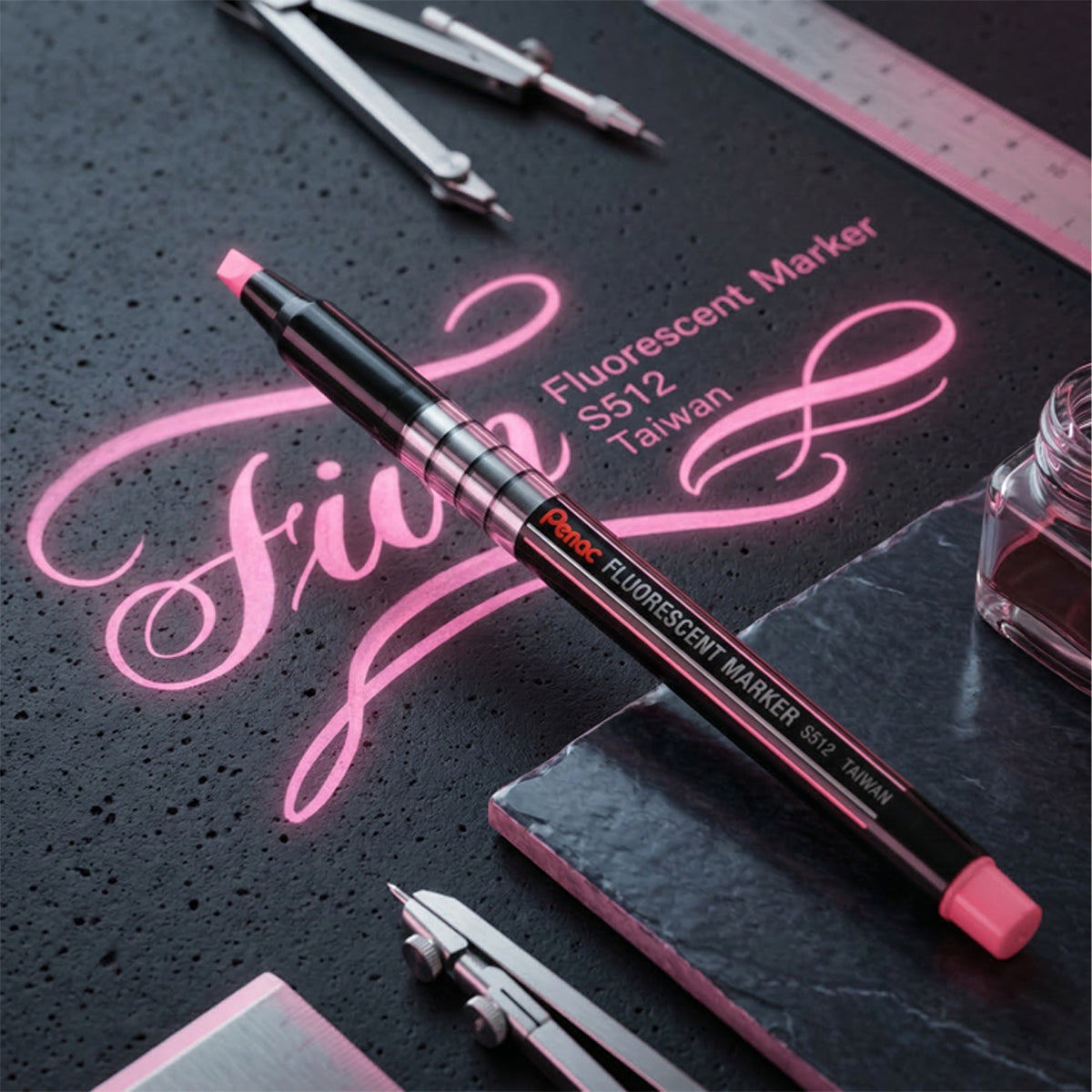 Pentel S512 Highlighter - Pink Chisel Tip, Lightweight 10g Pen Style
