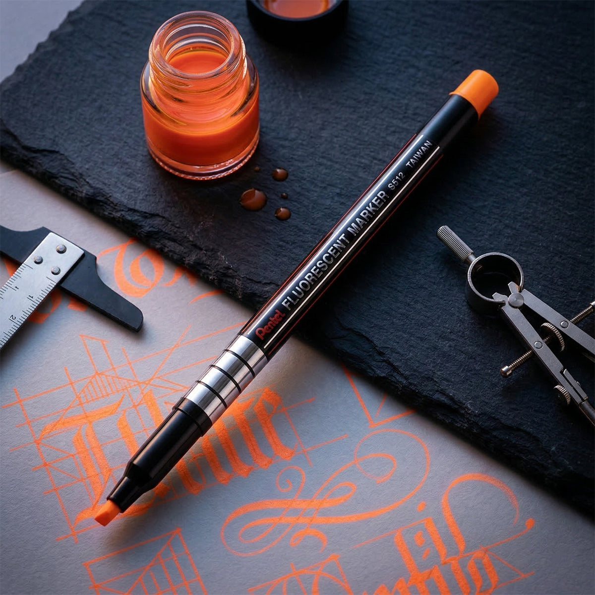 Pentel S512 Highlighter - Orange Chisel Tip, Lightweight 10g Pen Style