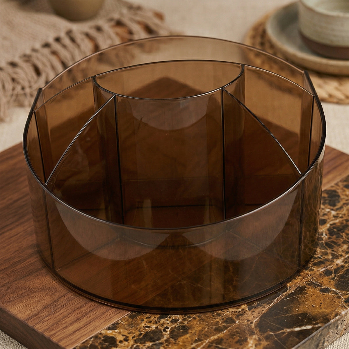 Solo Opera Desk Organiser – Transparent Brown Multi‑Compartment Stationery Holder