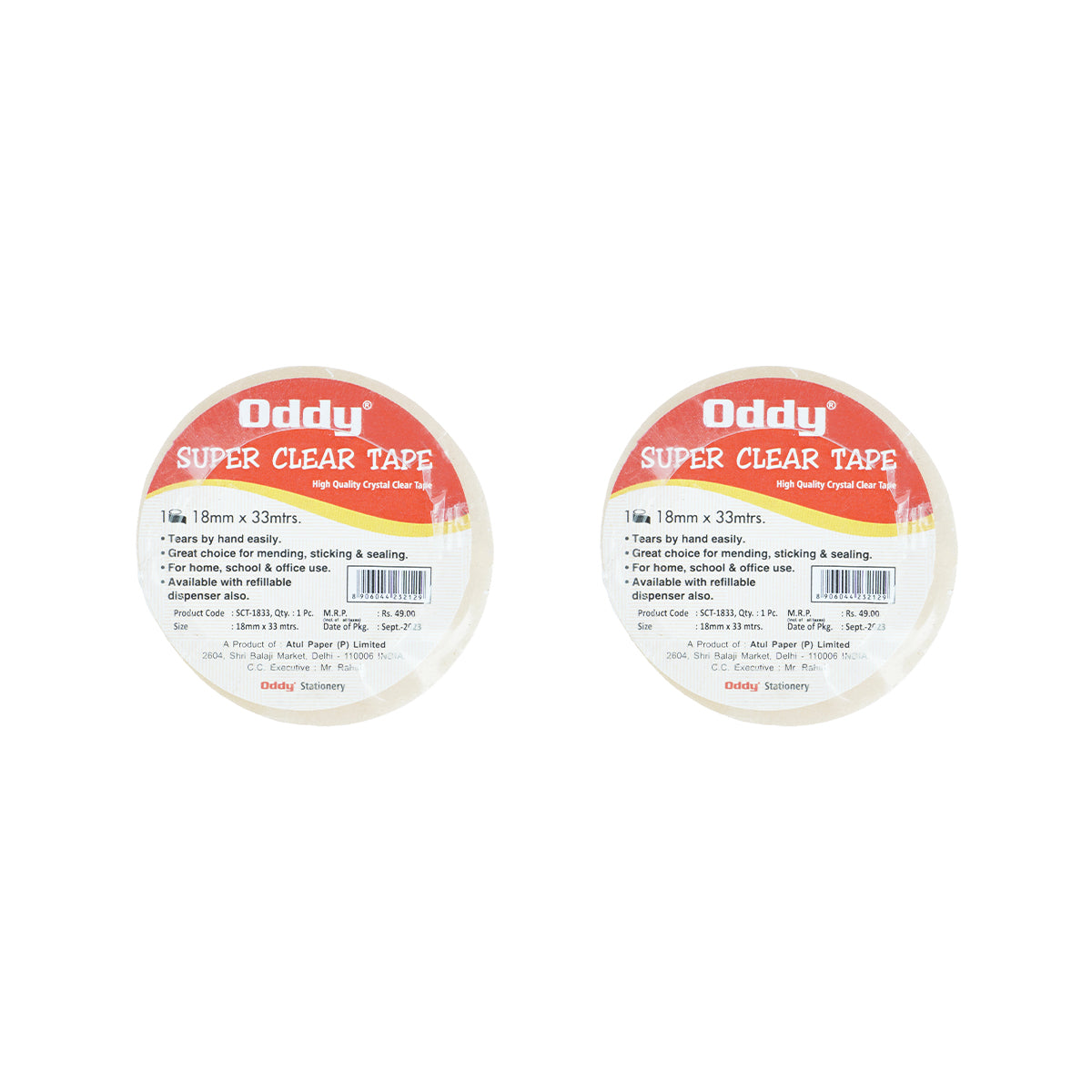 Oddy Super Clear Transparent Tape – Pack of 2 (18mm × 33m)