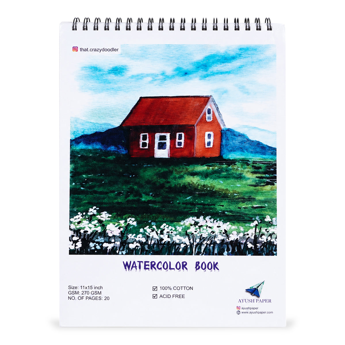 Ayush Paper A3 Wiro Watercolour Book – 270 GSM, 100% Cotton, 20 Sheets