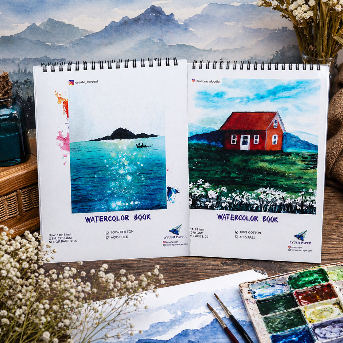Ayush Paper A3 Wiro Watercolour Book – 270 GSM, 100% Cotton, 20 Sheets