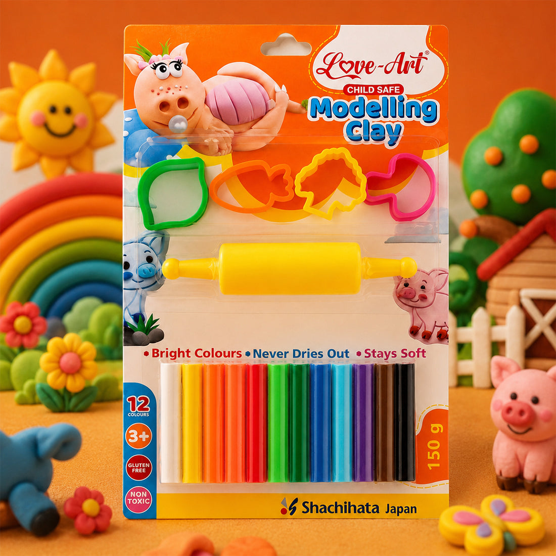 Love Art Modelling Clay Set — 12 Bright Colours with Cutters & Roller