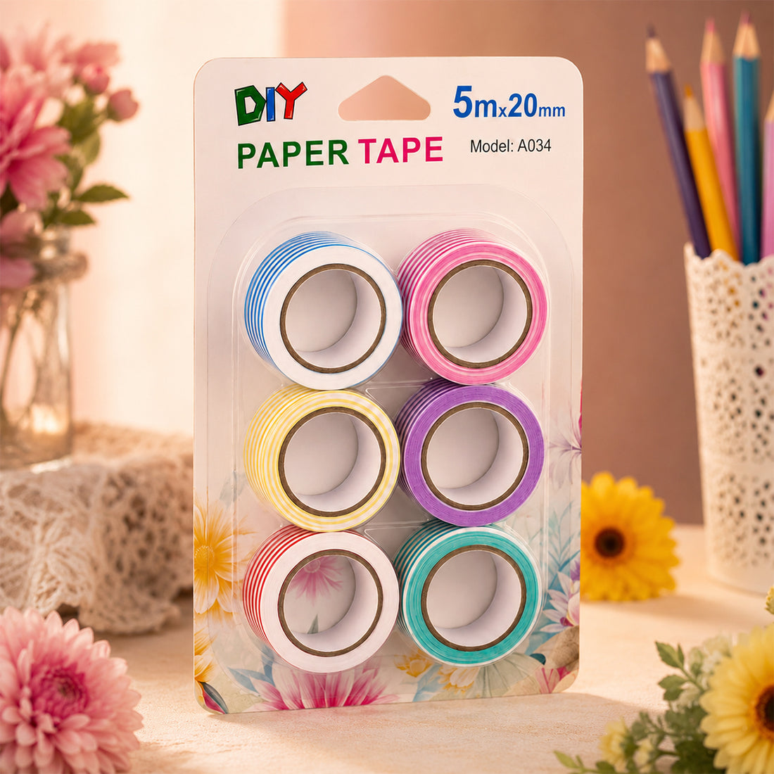 Arav Paper Tape — Pack of 6 Assorted Colours (5 m × 20 mm)