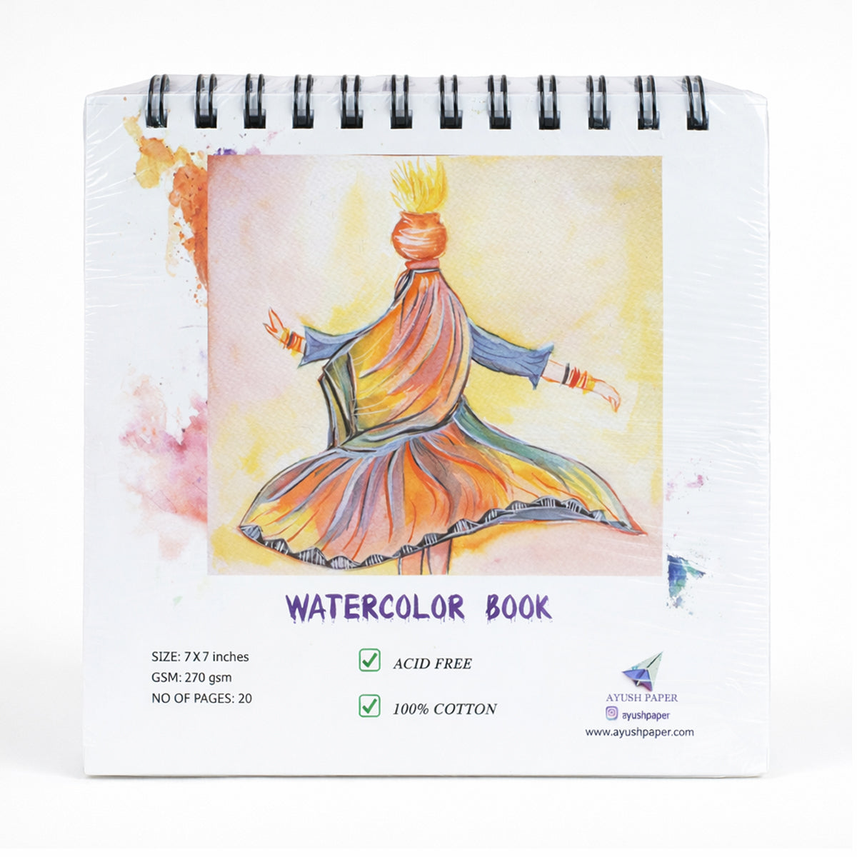 Ayush Paper Watercolour Book 7×7 Inch 270 GSM Wiro 20 Pages