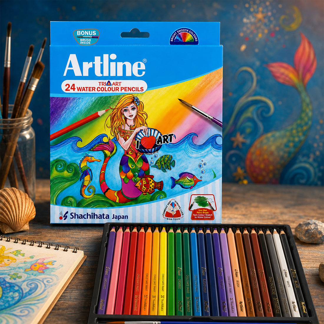 Artline 24 Triart Water Colour Pencils — 24 Assorted Colours + Brush