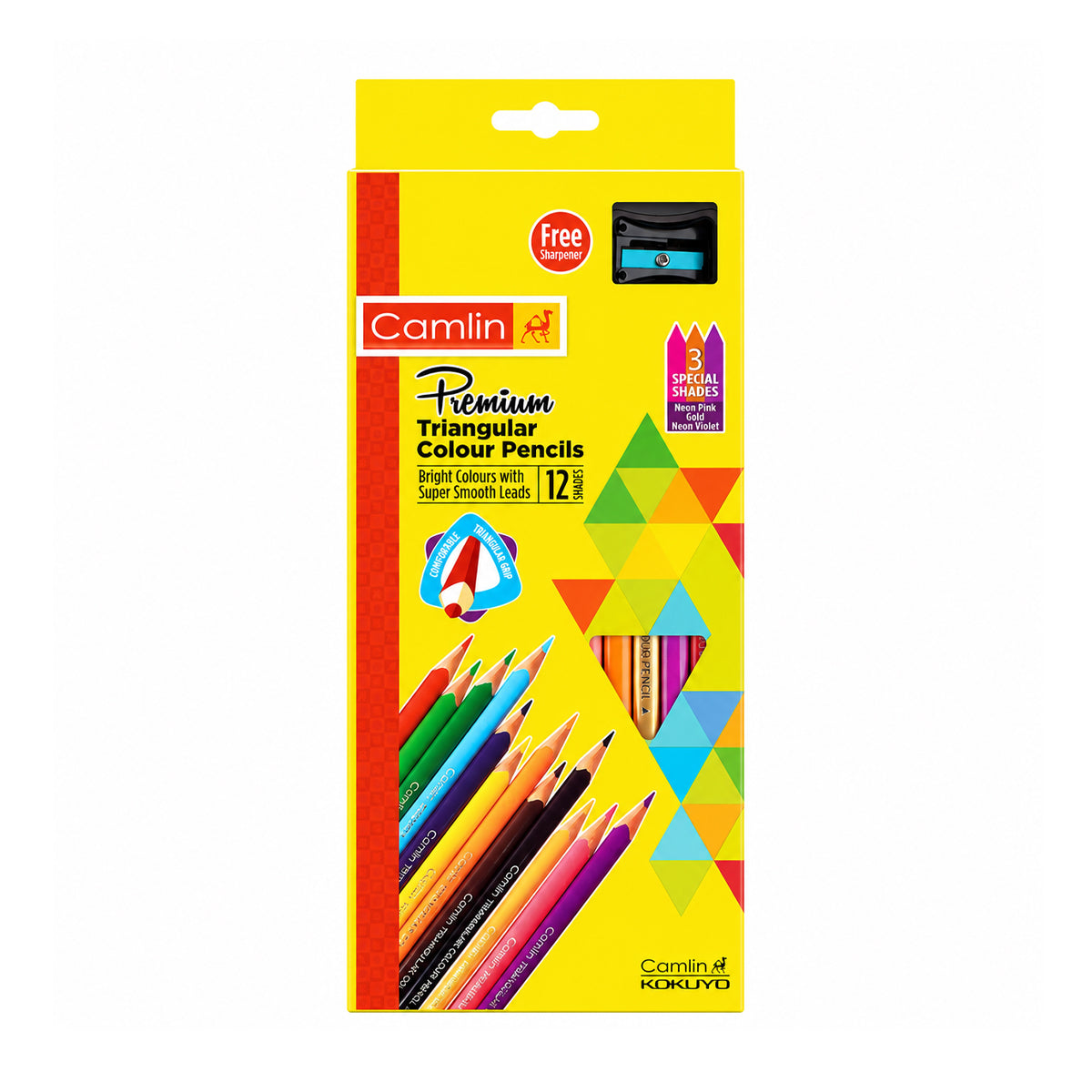 Camlin 12 Premium Triangular Colour Pencils — Pack of 12 + Free Sharpener