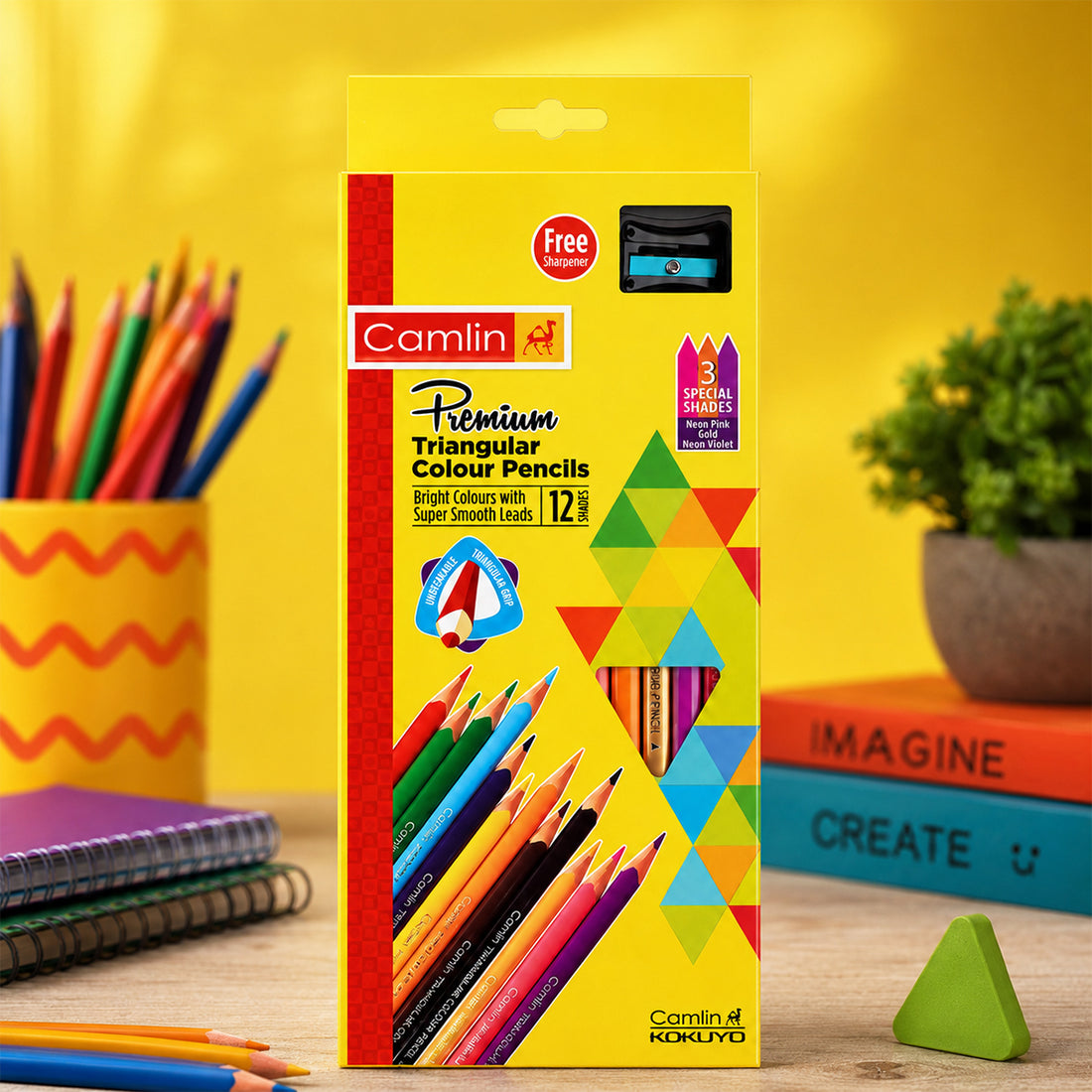 Camlin 12 Premium Triangular Colour Pencils — Pack of 12 + Free Sharpener