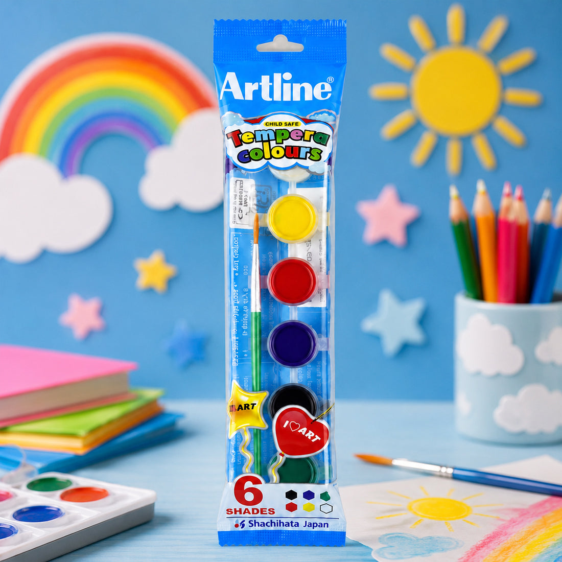 Artline Child Safe Tempera Colours Paint Set – 6 Shades with Free Brush (Pack of 10)